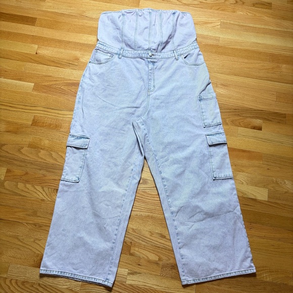 Womens Denim Strapless Jumpsuit Acid Washed Size 2X Cargo Pockets Lavender Blue - Picture 2 of 10